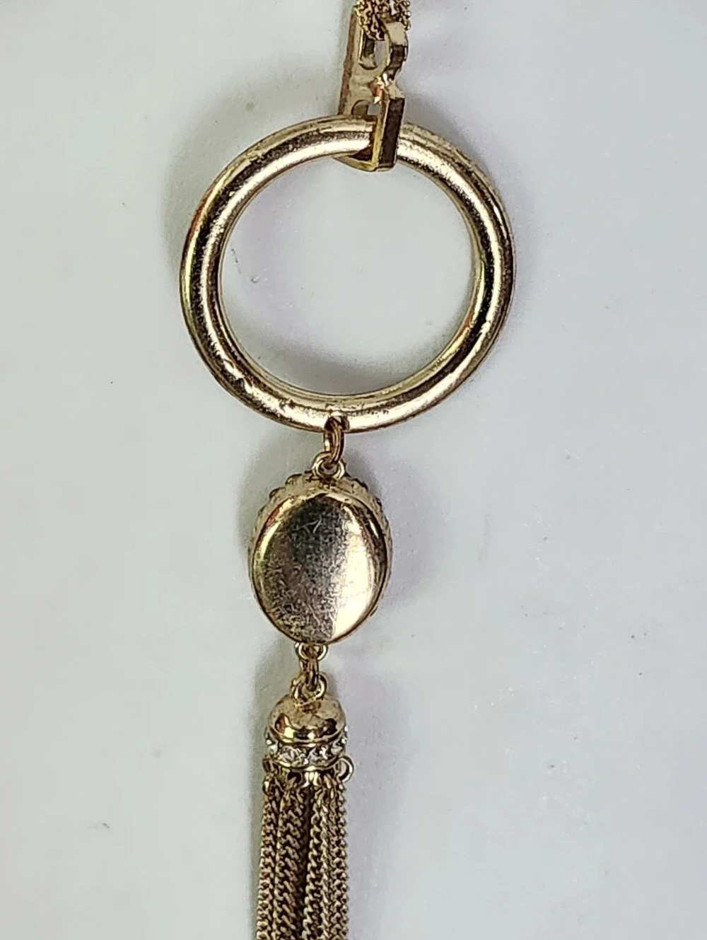 INC International Concepts Gold Tone Circular Crystal Pendant Tassel Necklace